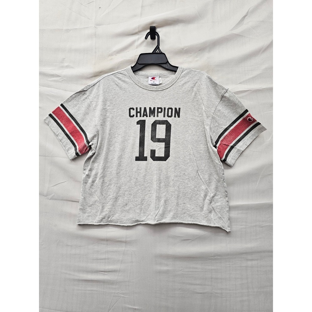 Champion Womens Cropped Graphic T-Shirt Gray Cotton Casual Size Medium